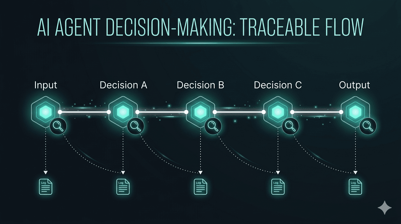 Flow diagram of an agentic AI system making a chain of decisions, with magnifying glass icons beneath each step representing the need for traceable, explainable decision chains.