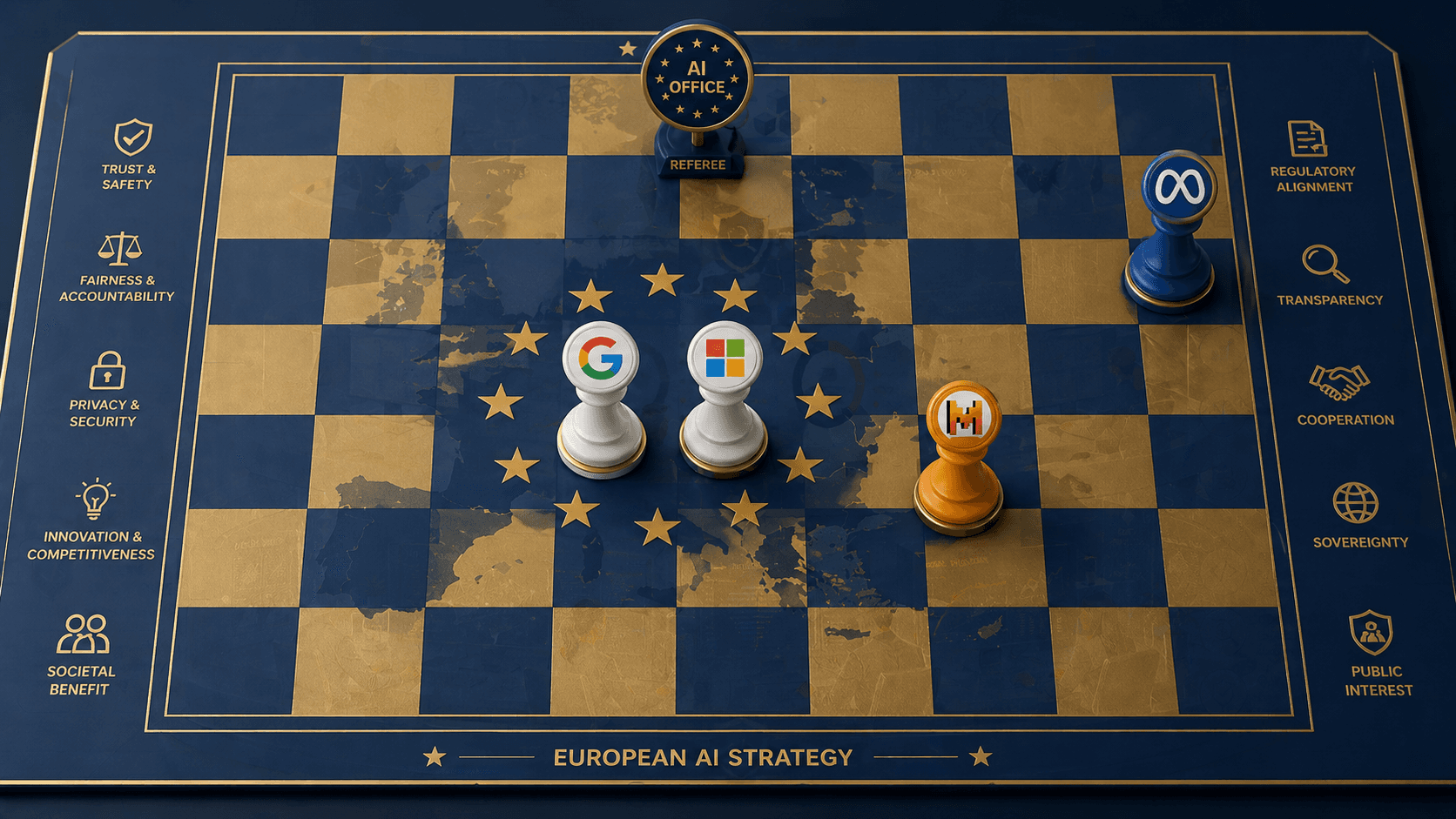 Strategic chess board showing different corporate positions on EU AI compliance, with pieces representing cooperative and confrontational approaches.