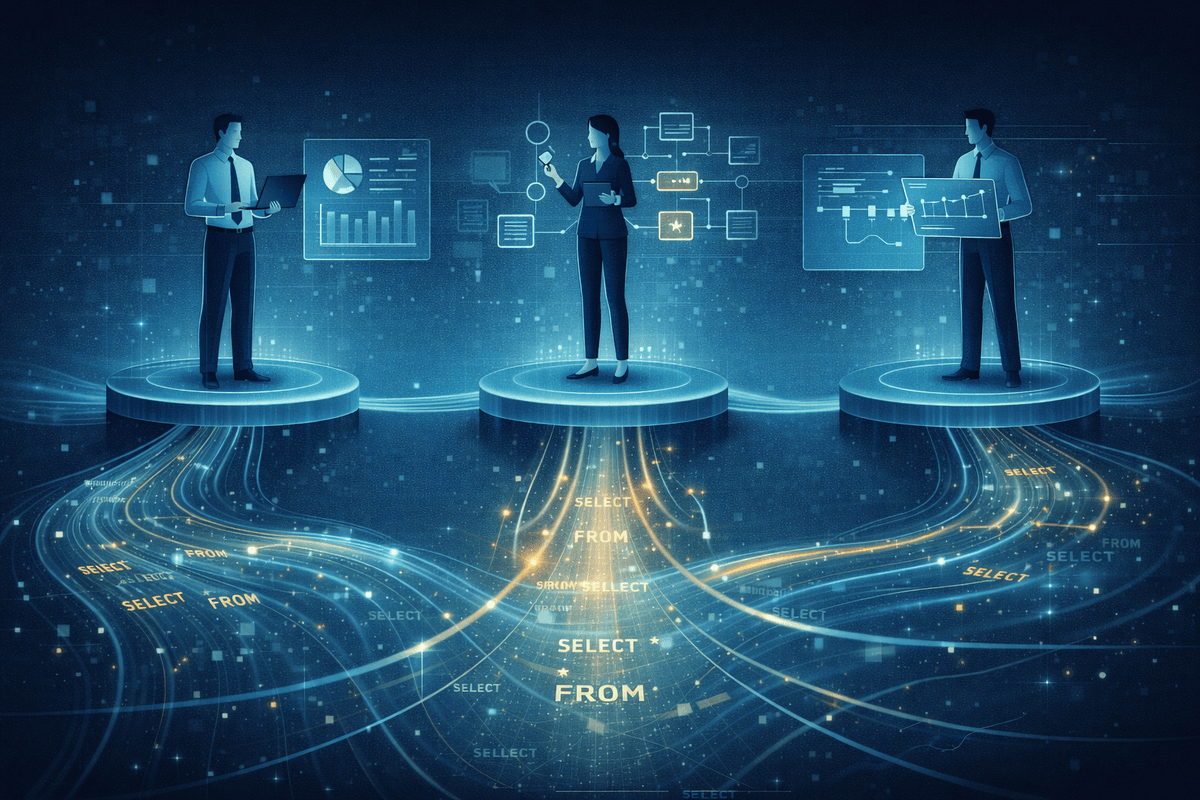Three data professionals standing on connected platforms with SQL represented as a shared luminous foundation running beneath all data roles.