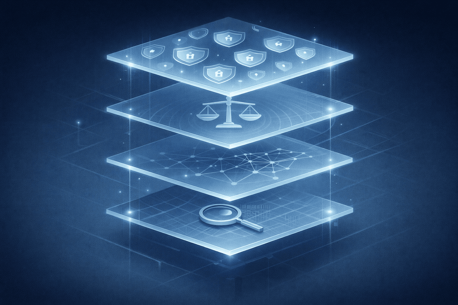 Abstract layered visualisation of converging regulatory frameworks for AI in financial services, showing interconnections between GDPR, EU AI Act, DORA, and model risk guidance.