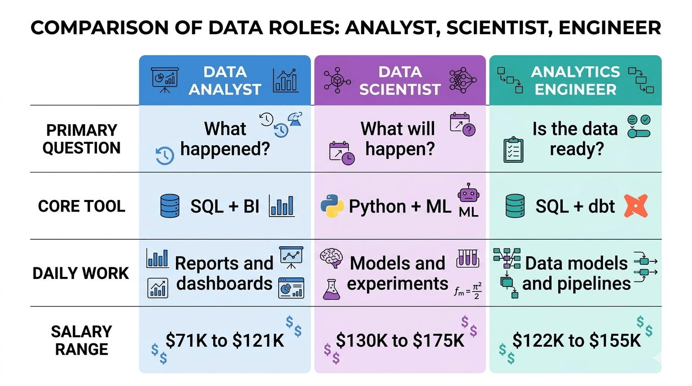 Comparison grid showing key differences between data analyst, data scientist, and analytics engineer roles across four dimensions: primary question, core tool, daily work, and salary range.