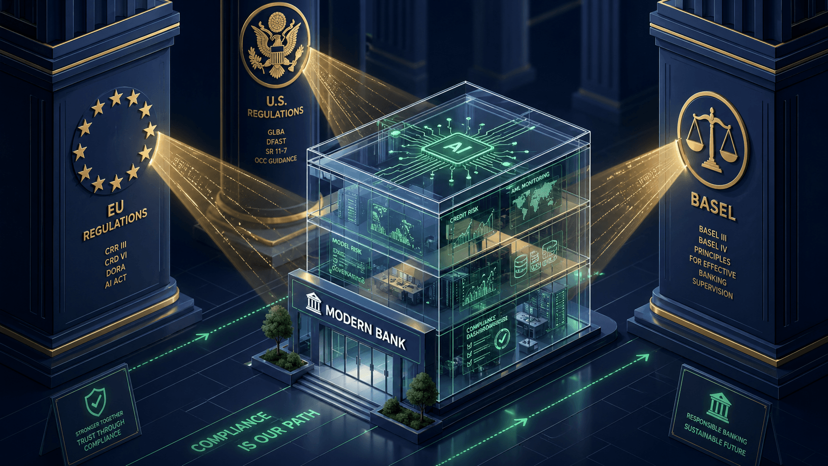A photorealistic close-up of a glass bank vault door, partially open, with streams of luminous blue and white data flowing outward through the gap.