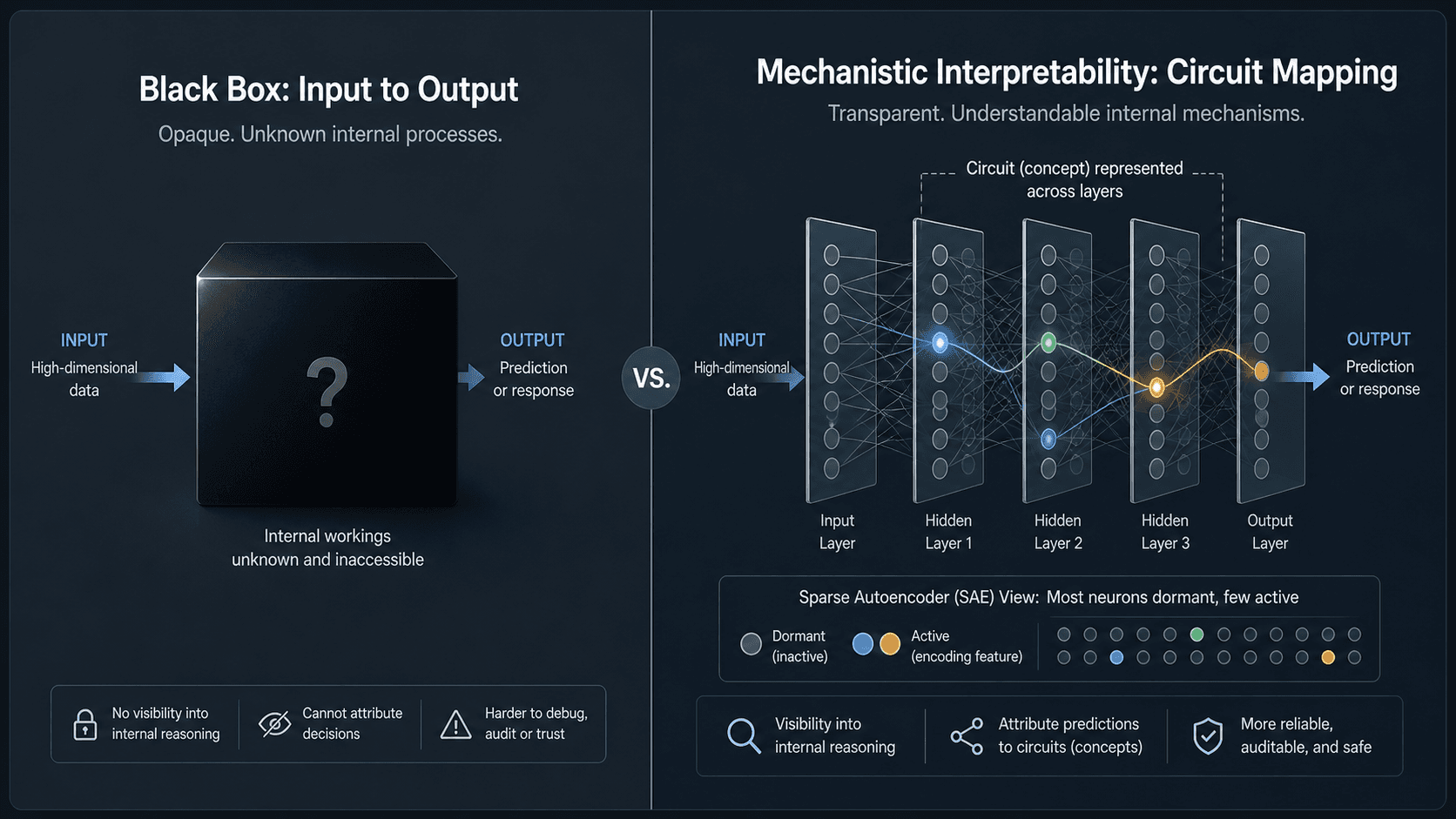 Comparison diagram showing black-box AI (opaque input-output) versus mechanistic interpretability (transparent internal circuits and activation patterns).