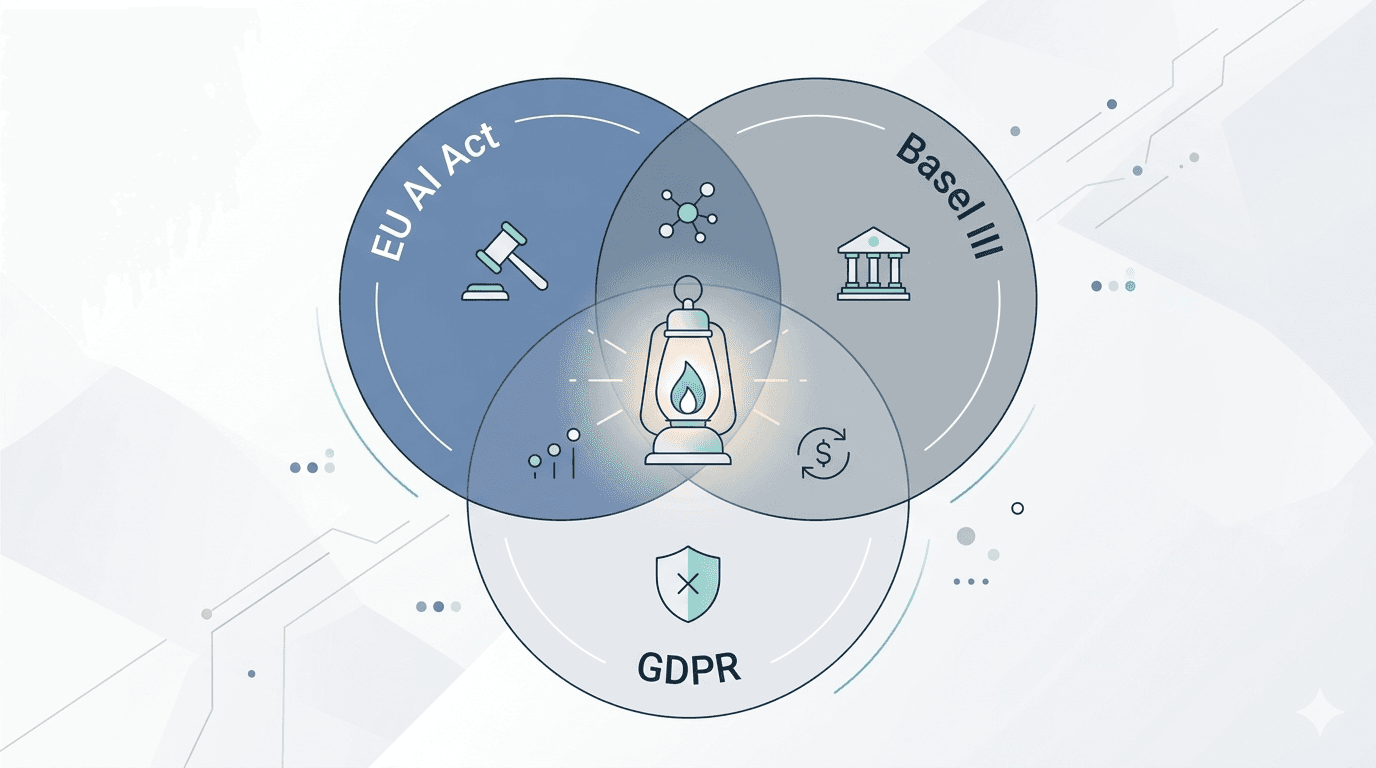 Venn diagram showing the overlap between the EU AI Act, Basel III, and GDPR, with an lantern icon at the centre representing the shared demand for AI transparency.