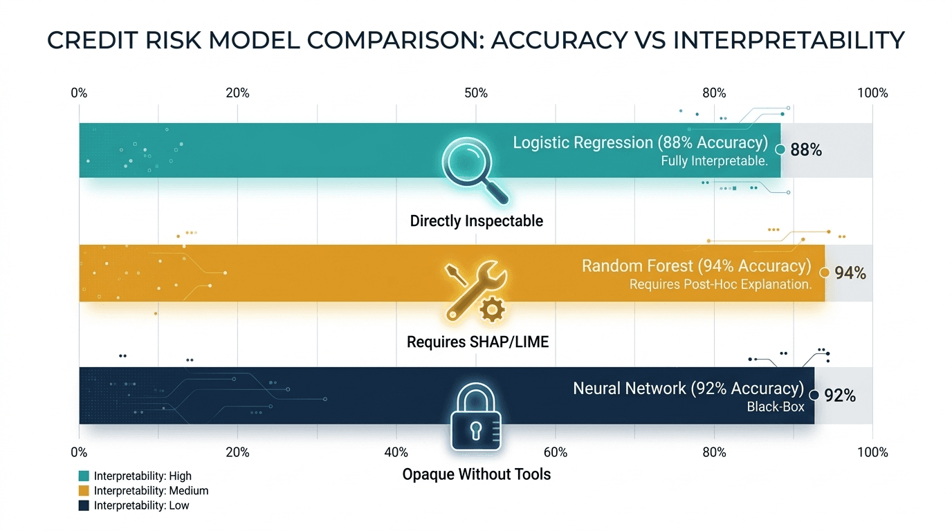 Bar chart comparing credit risk model accuracy: logistic regression at 88 percent (fully interpretable), random forest at 94 percent (requires post-hoc explanation), and neural network at 92 percent (black-box), with transparency indicators for each.