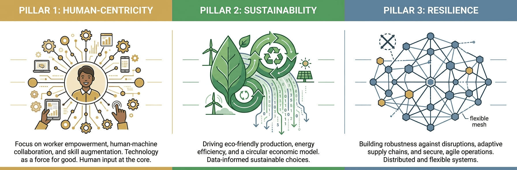 Infographic displaying Industry 5.0's three pillars: Human-Centricity represented by a person with technology nodes, Sustainability represented by a leaf with data streams, and Resilience represented by an interconnected distributed network.