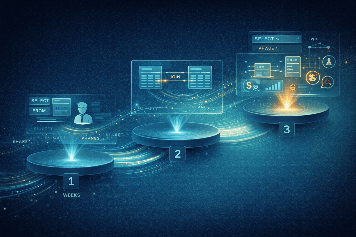 Three-phase SQL learning roadmap ascending from basic query foundations through intermediate joins to advanced finance-specific analytics, with time indicators at each stage.
