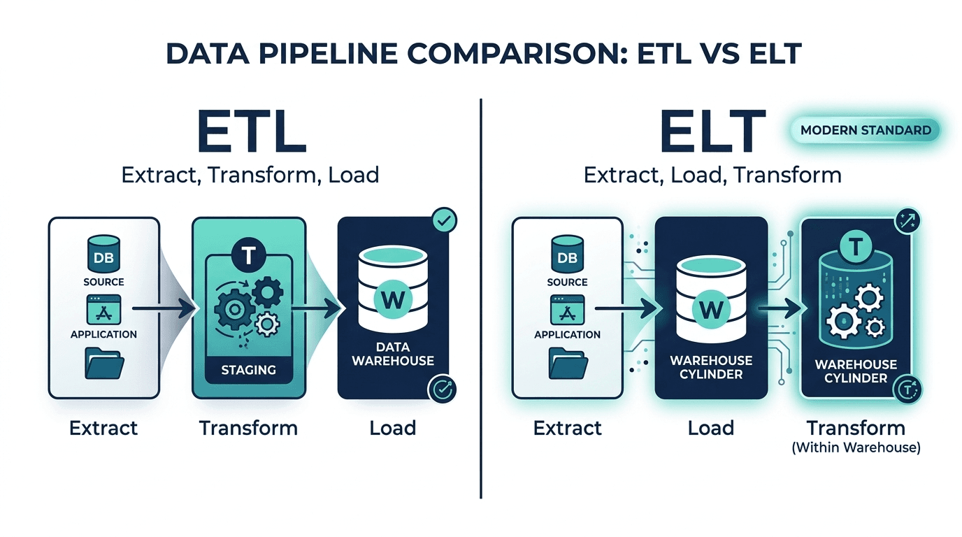 Side-by-side comparison of ETL (Extract, Transform, Load) and ELT (Extract, Load, Transform) data pipeline patterns, showing how the order of operations differs and highlighting ELT as the modern approach.