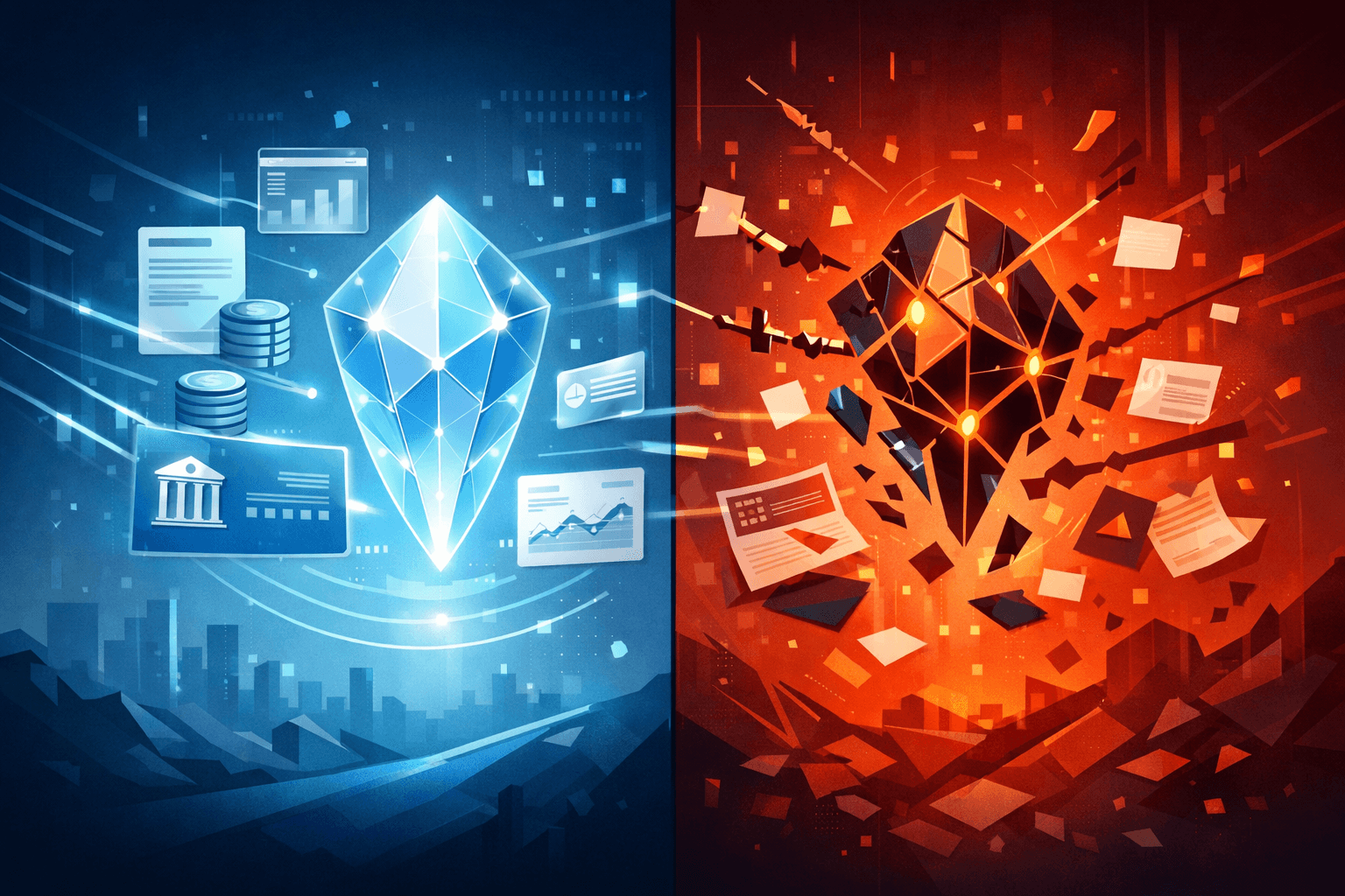 Split illustration contrasting well-governed AI agent deployment in banking with ungoverned risk scenarios, showing the governance gap in agentic AI systems.