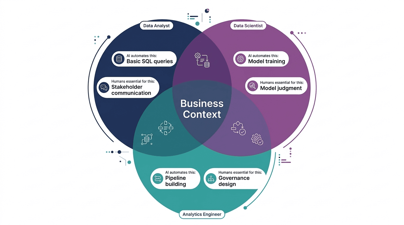 Venn diagram showing which tasks AI can automate and which require human judgment for each of the three data roles, with business context at the centre as the shared human-essential skill.