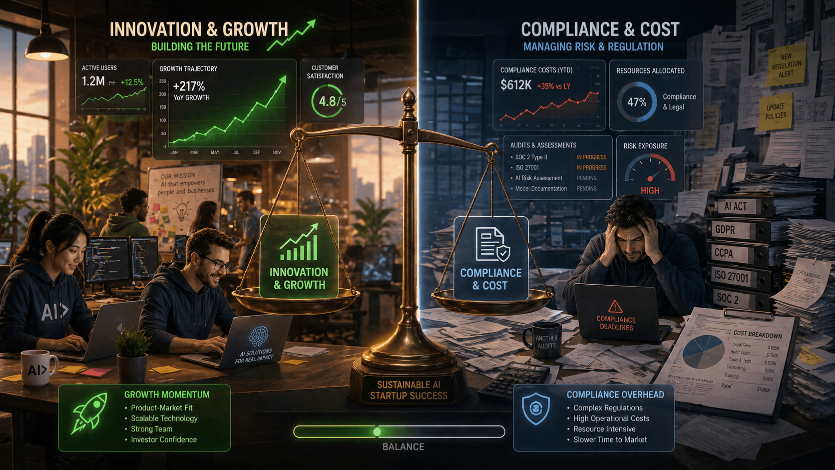 Split illustration contrasting AI startup innovation with regulatory compliance burden, with a balanced scale showing near-equilibrium between the two.