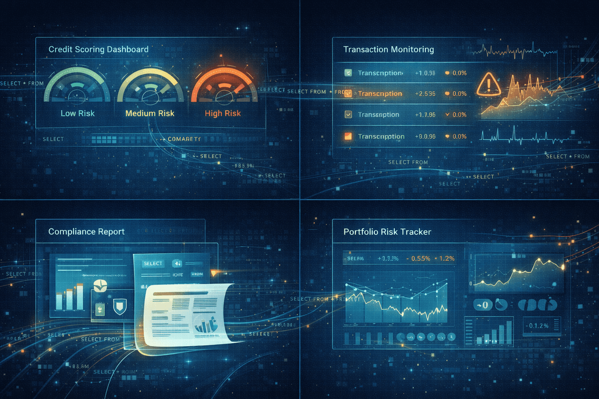 Four-panel illustration showing SQL applications in finance: credit scoring, fraud detection, compliance reporting, and portfolio risk monitoring, connected by SQL query threads.