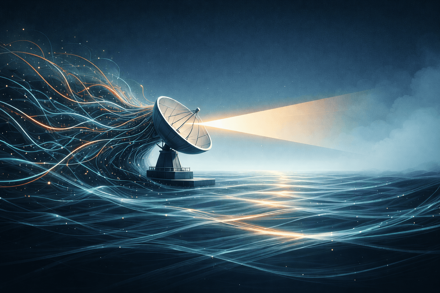 Radar antenna filtering chaotic data waves into a clear beam of light, representing the process of identifying meaningful AI developments from industry noise.