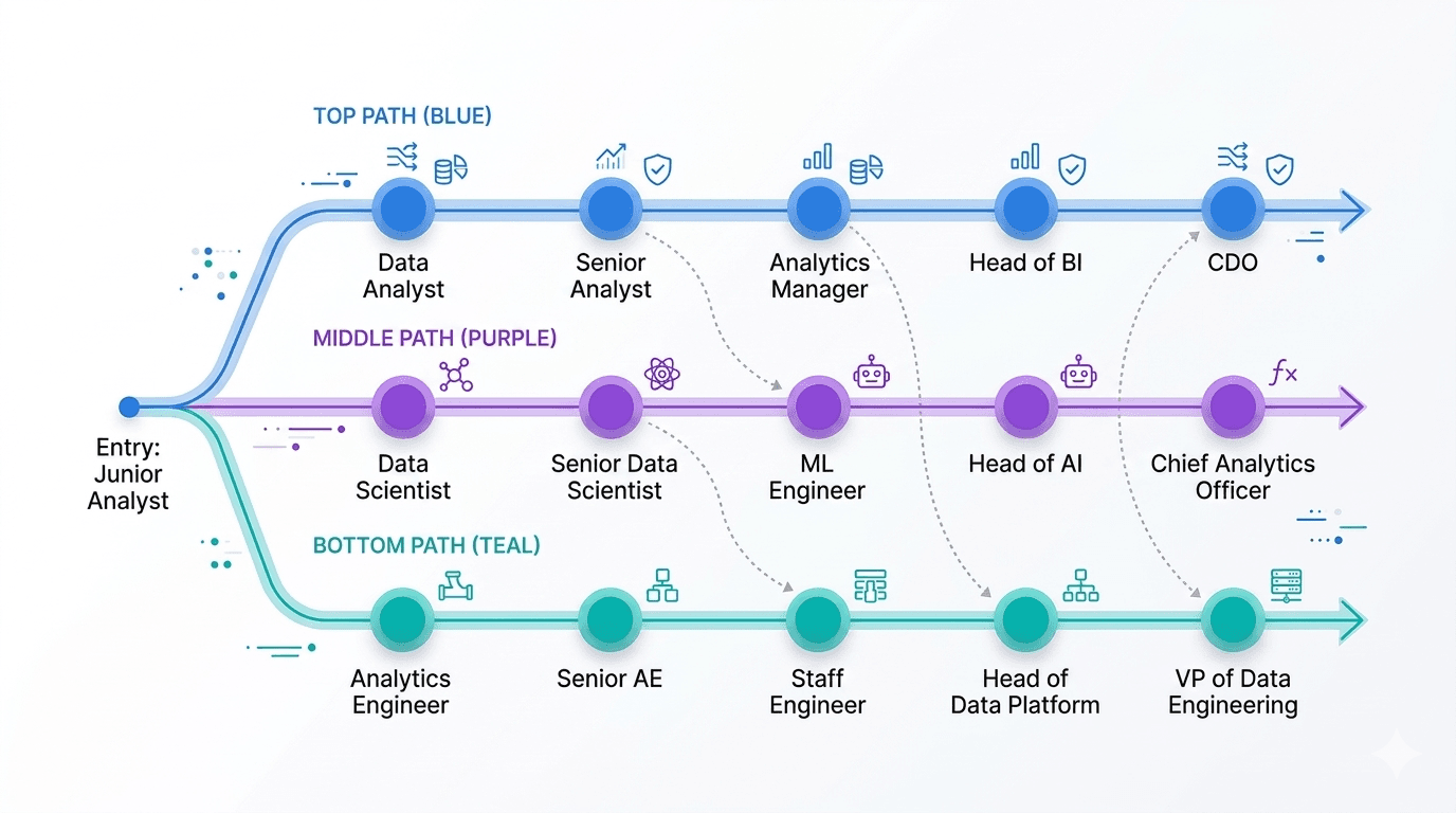 Career progression diagram showing three parallel paths from junior analyst to senior leadership roles across data analyst, data scientist, and analytics engineer tracks, with transition points between paths.