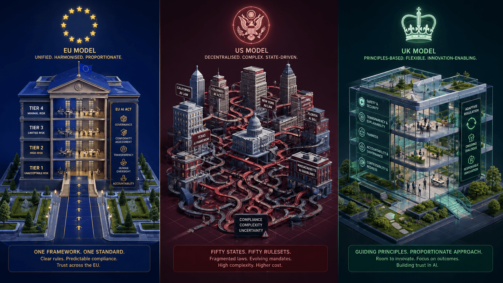 Three architectural illustrations representing EU, US, and UK approaches to AI regulation, showing structured, fragmented, and flexible models respectively.