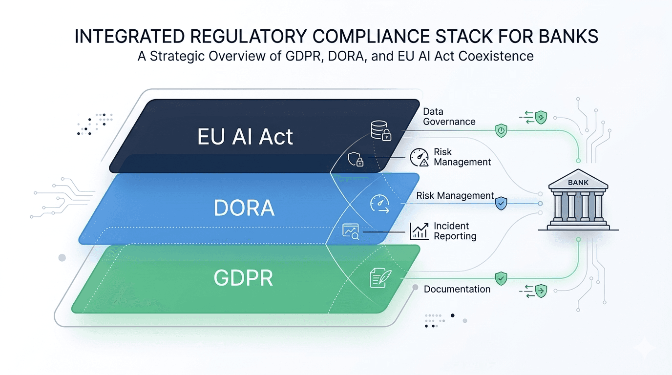 Layered diagram showing GDPR, DORA, and the EU AI Act as overlapping regulatory frameworks, with connecting lines highlighting shared requirements around data governance, risk management, incident reporting, and documentation.