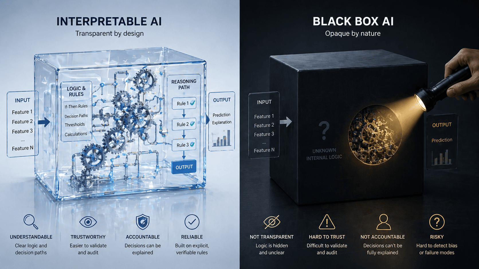A split illustration contrasting interpretable AI models (transparent with visible logic) and black-box models (opaque), with a flashlight beam representing explainability efforts.