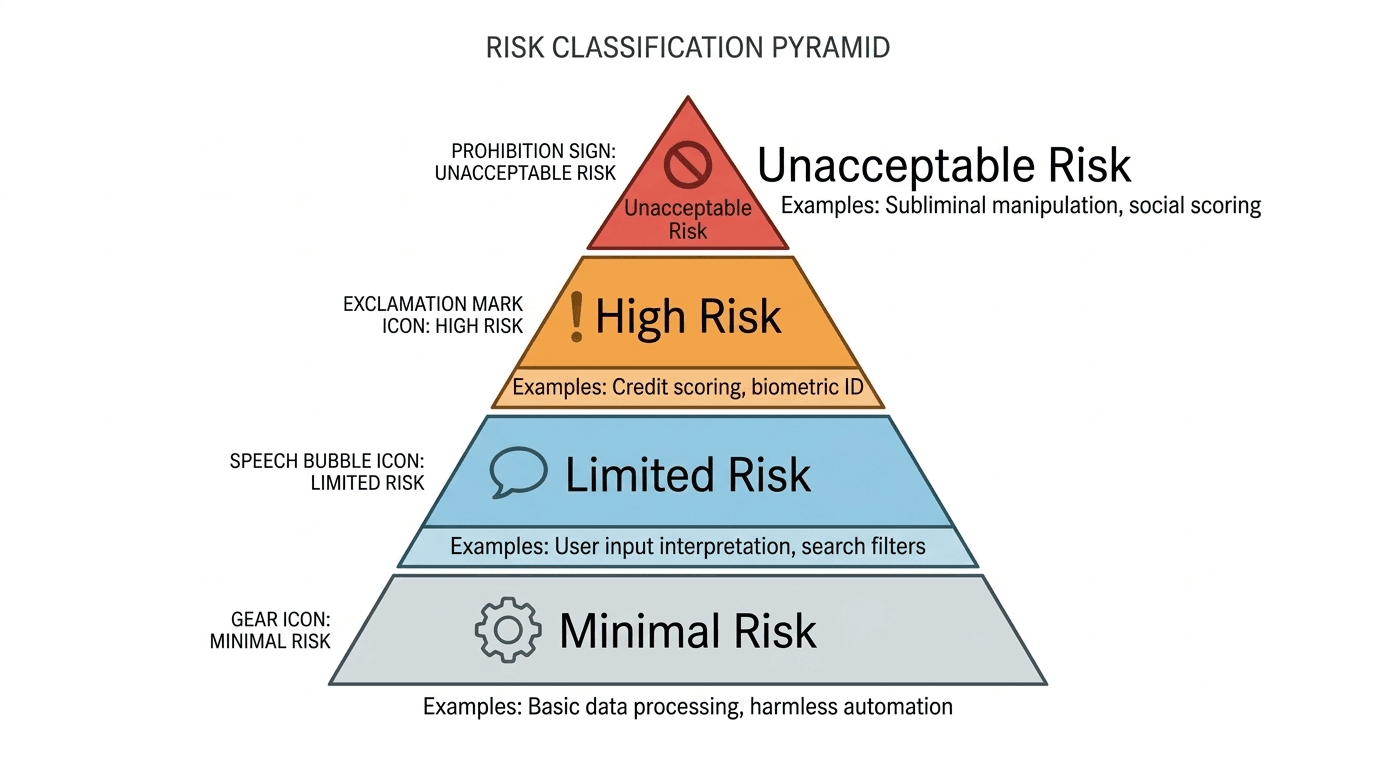 Four-tier risk pyramid showing the EU AI Act classification system: minimal risk at the base, limited risk, high risk, and unacceptable risk at the top, each with a representative icon.