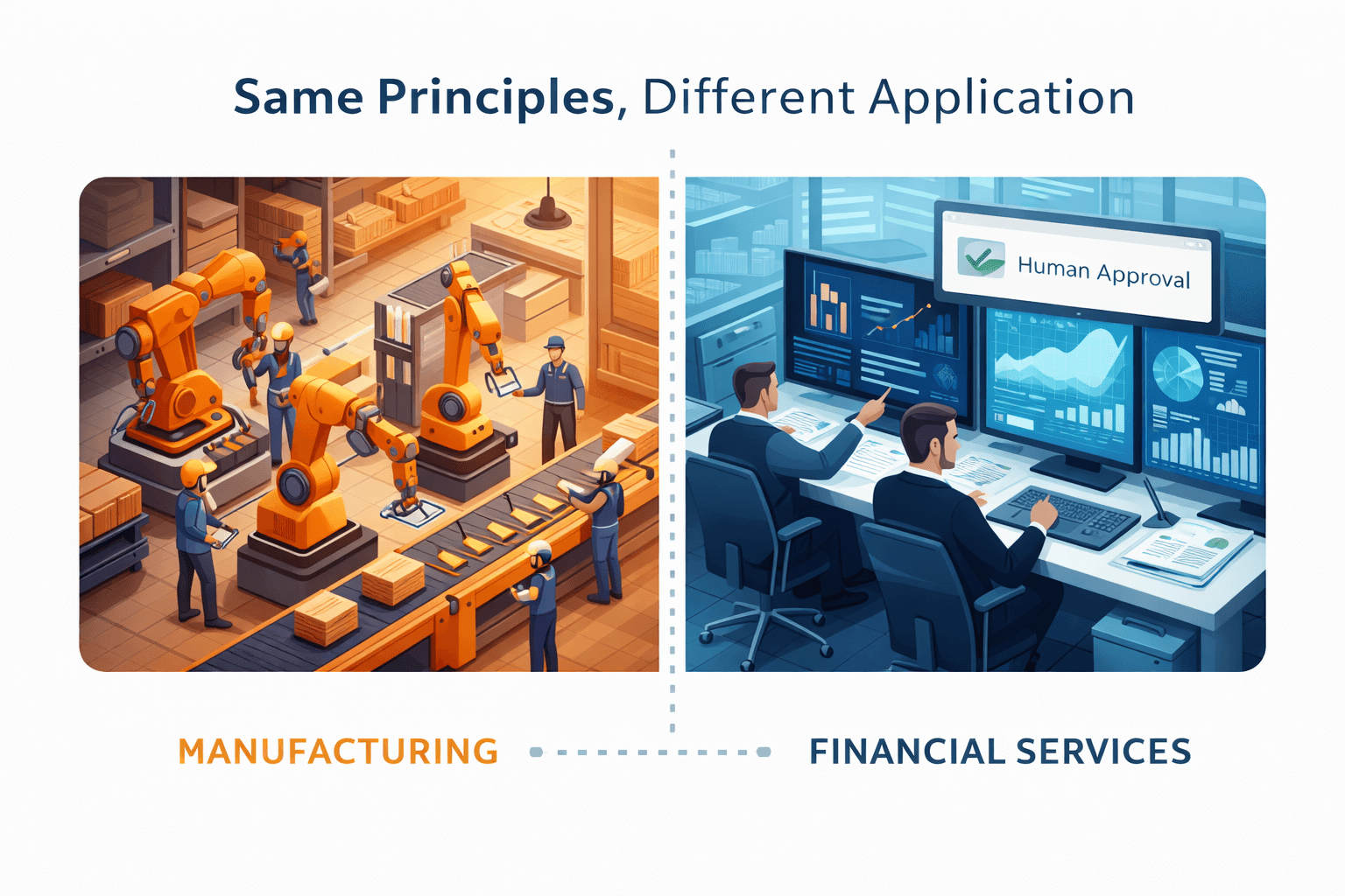 Split-screen comparison showing Industry 5.0 in manufacturing with cobots on a factory floor on the left, and in financial services with analysts reviewing AI insights on the right, connected by the phrase Same Principles, Different Application.